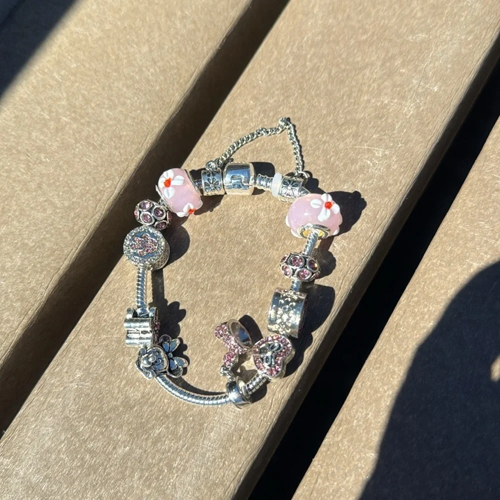 Delicate Pink Floral Charm Bracelet in Silver Tone